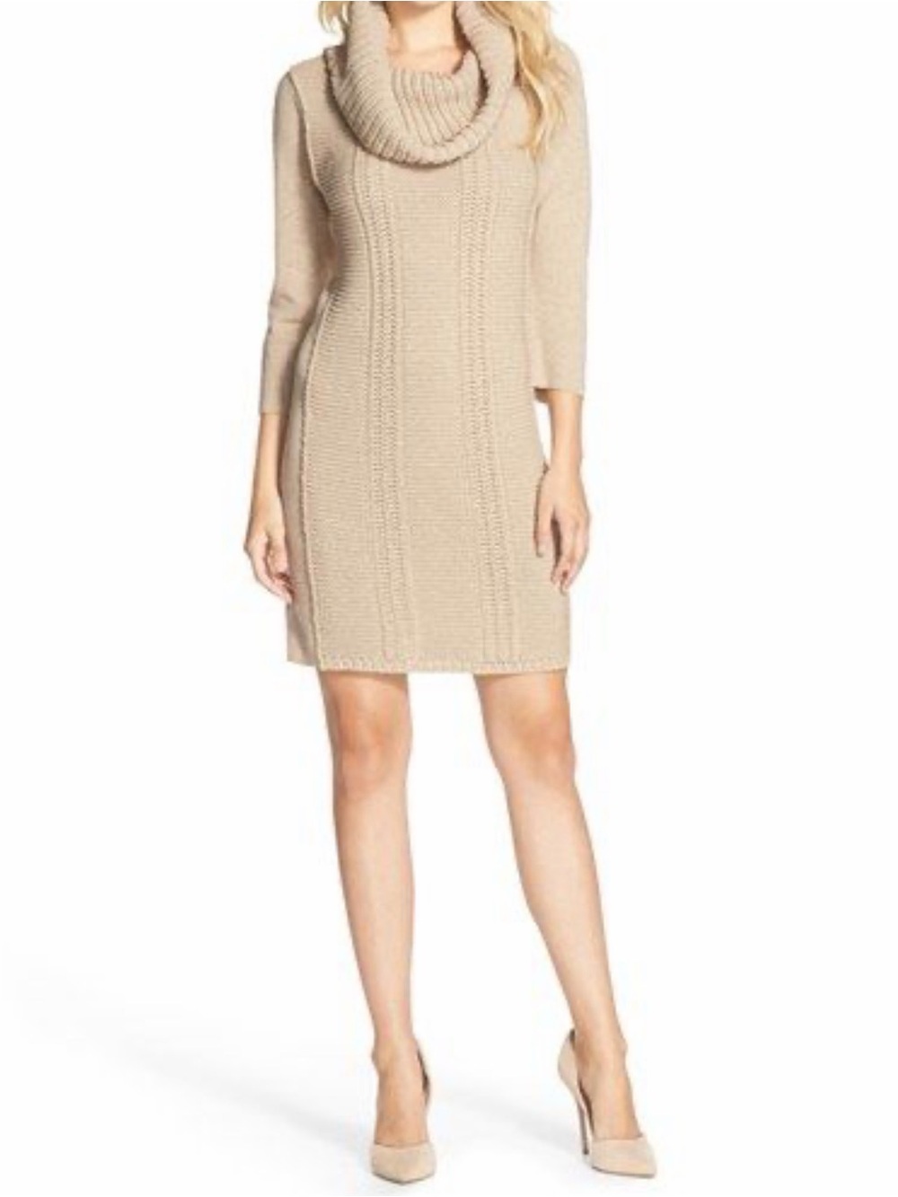 Vince Camuto Cream Cable Cowl-Neck Sweater Dress
